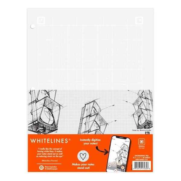 This is an engineering pad from Whitelines. The sheets are a greyish white color and gridded with white. There are spaces at the top of the sheets for dates or name.