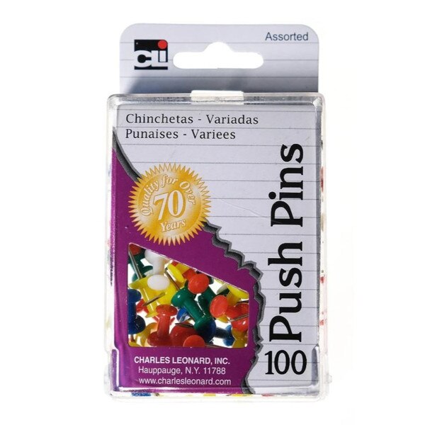 A pack of one hundred assorted colored push pins.