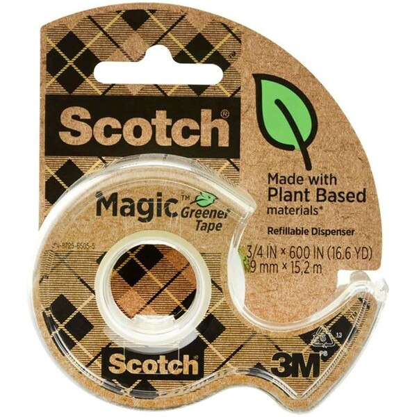 This is a roll of plant based translucent tape. The packaging and tape dispenser are brown.