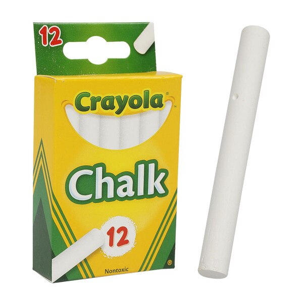 A box of twelve pieces of white Crayola chalk.