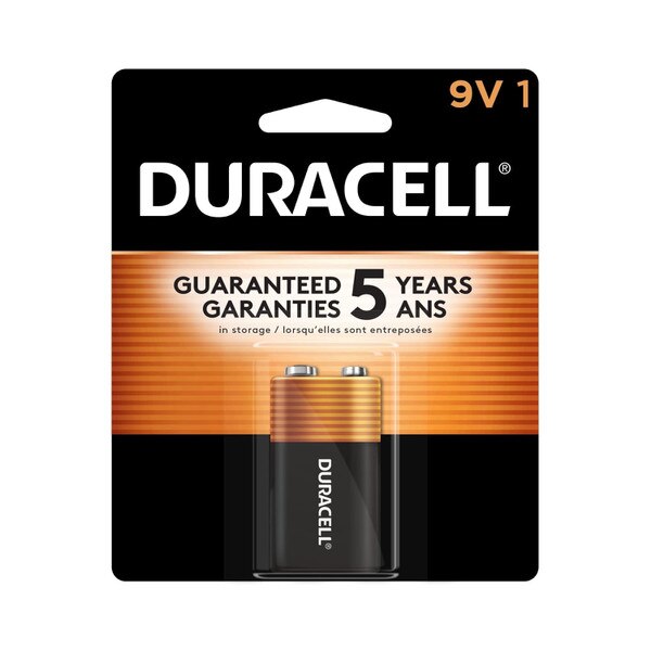 A packaged nine volt Duracell battery.