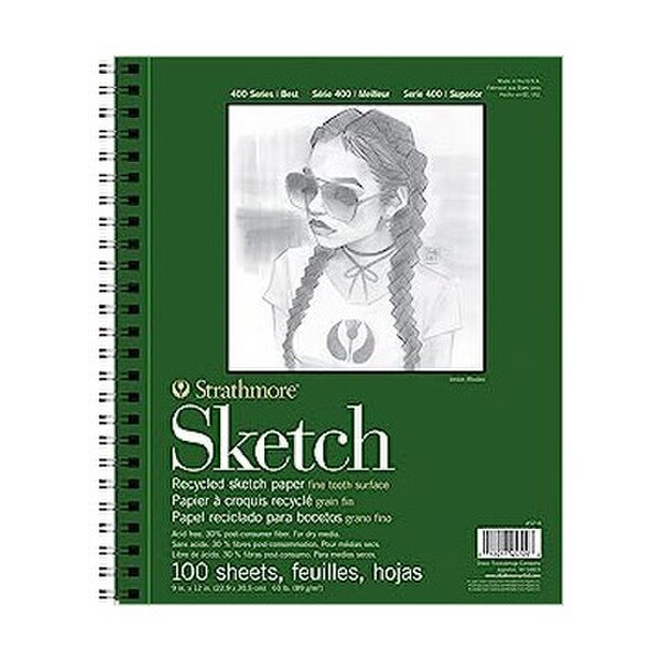 A sketch book with a green cover that includes one hundred sheets of paper.