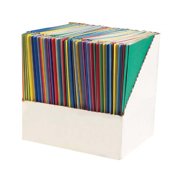 A large assortment of colorful file folders neatly organized in an open white cardboard storage box.