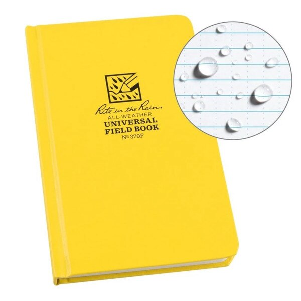 A all weather yellow universal field book that says rite in the rain in script and the specs beneath it, all in black writing.