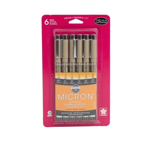 A six pack of micron pens with varying tip sizes.