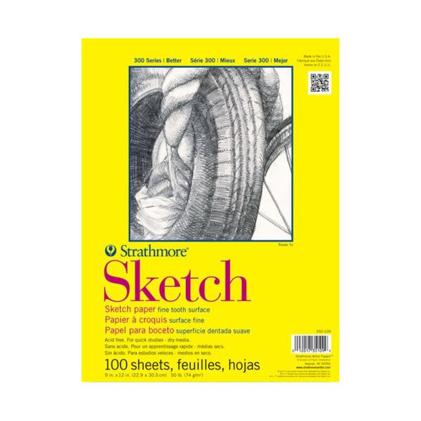 Strathmore 300 Series Sketch pad with 100 sheets of 9" x 12" fine tooth surface paper for quick studies and dry media.