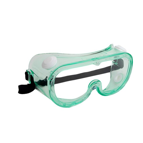 A see through green pair of chemistry lab goggles with an adjustable elastic backing.
