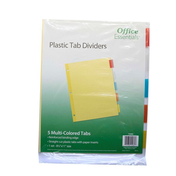 A five pack of plastic tab dividers, in colors red, clear, blue, orange, and yellow, and the pages with the tabs attached are yellow.