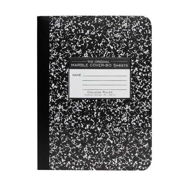 A college ruled composition notebook.