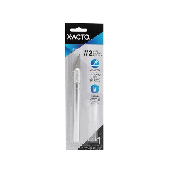 X-ACTO #2 precision knife in white and silver with safety cap, packaged for medium cutting and trimming tasks.
