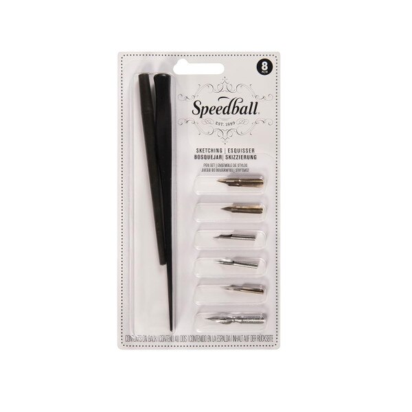 2 pen holders with 6 various pen nibs by speedball.