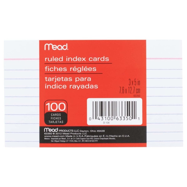 Mead ruled index cards, 3 x 5 inches, 100-count pack