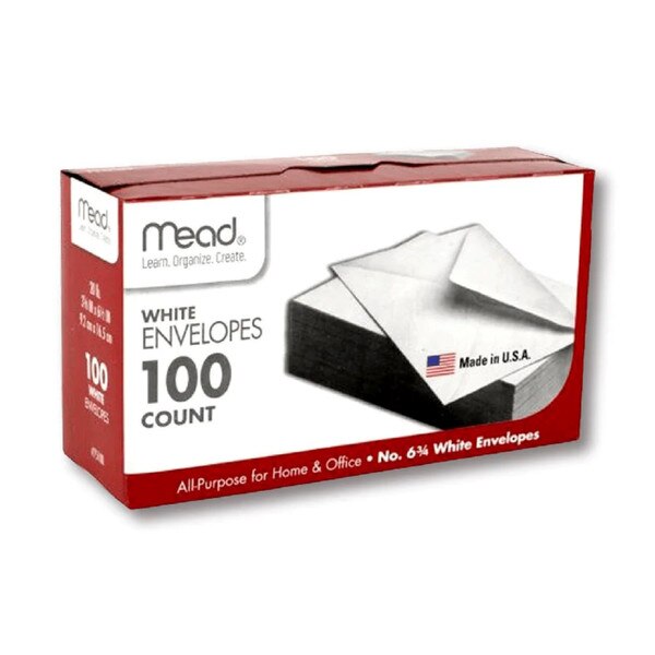 A one hundred pack of mead number six and three quarter white envelopes.