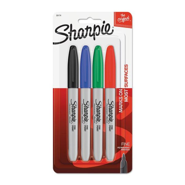 A four pack of Sharpie markers in black, blue, green, and red.