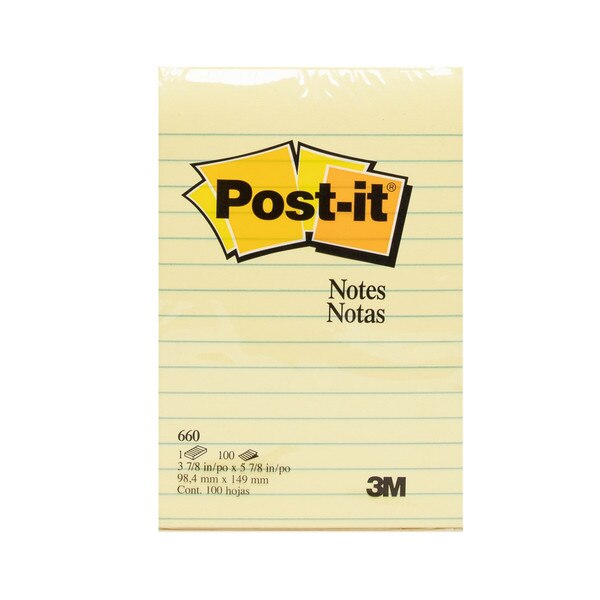 A pack of four by six yellow ruled post-it sticky notes.