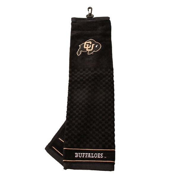 A black golf towel with a CU Buffalo logo embroidered at the top and Buffaloes embroidered at the bottom.