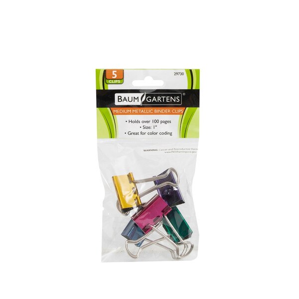 A five pack of assorted color metallic binder clips.