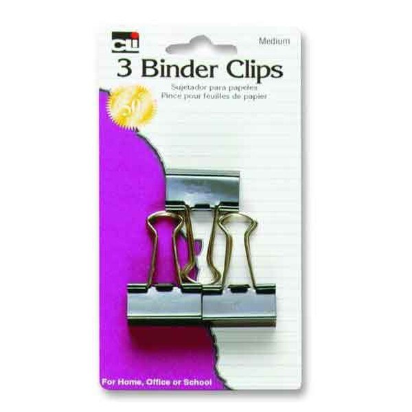 A pack of three binder clips that are black and silver. The cardboard they are attached to is purple and white.