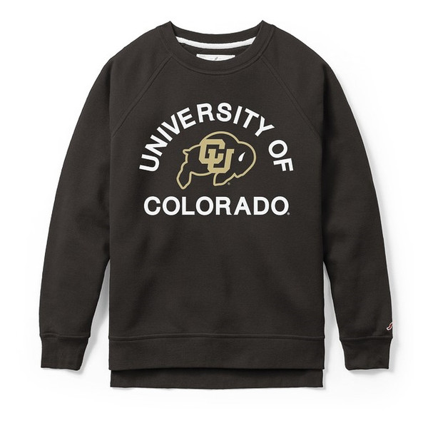 A black crewneck with University of Colorado in white lettering around a C-U Buffalo logo.