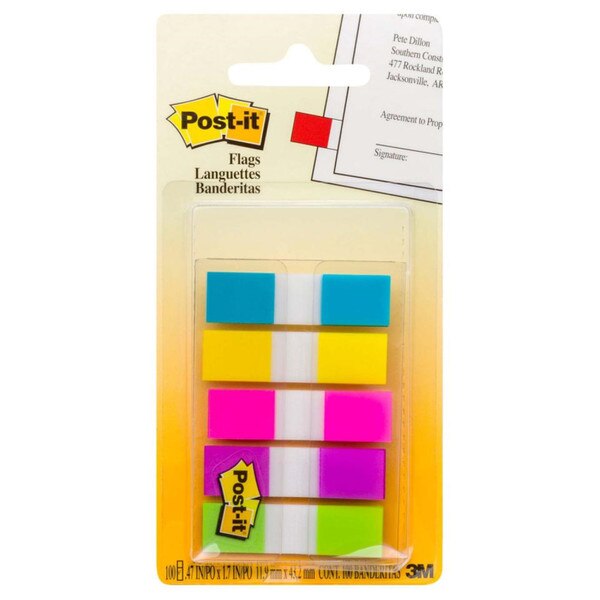 A pack of neon blue, yellow, pink, purple, and green to-go sticky tabs from Post-it.