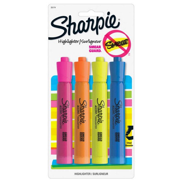A four pack of Sharpie highlighters in pink, orange, yellow, and blue.