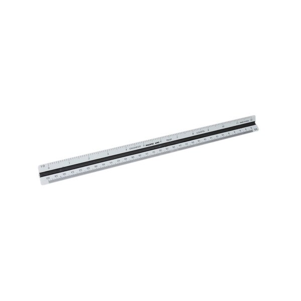 A white twelve inch triangular engineer scale ruler.