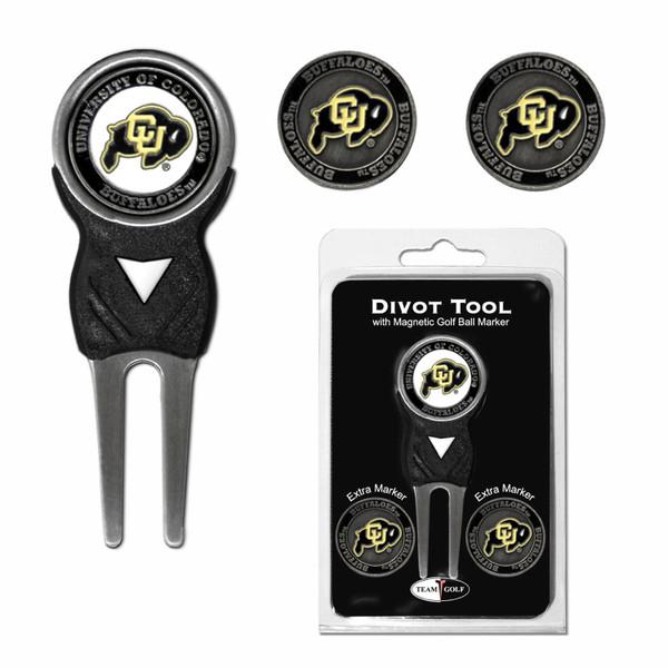 A golf divot tool with three ball markers. The ball markers all have CU Buffalo logos on the front and back.