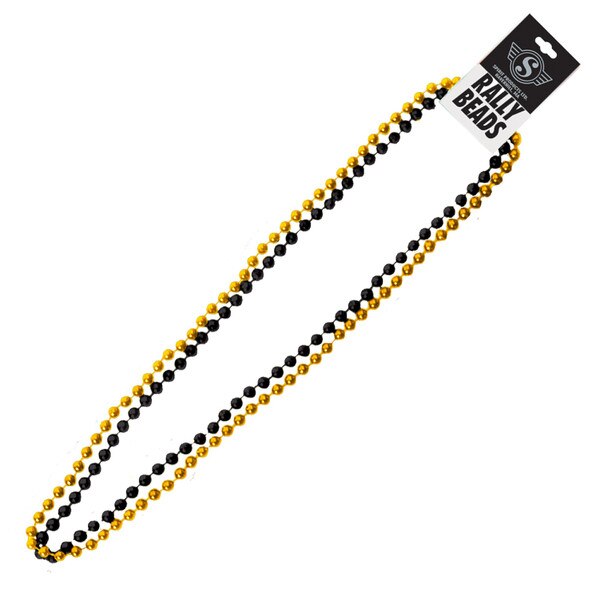 A 2 pack of mardi gras-style bead necklaces in the colors black and gold.
