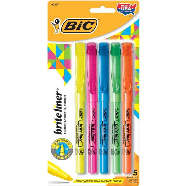 A five pack of highlighters in yellow, pink, blue, green, and orange.