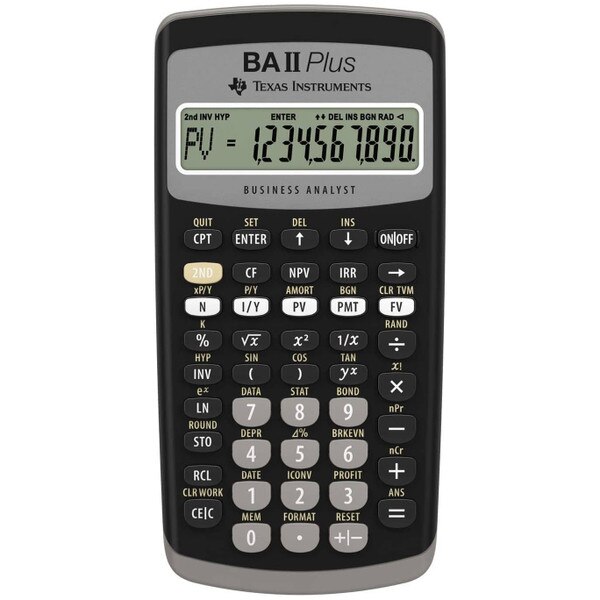 A black Texas Instruments B-A two plus business analyst calculator.