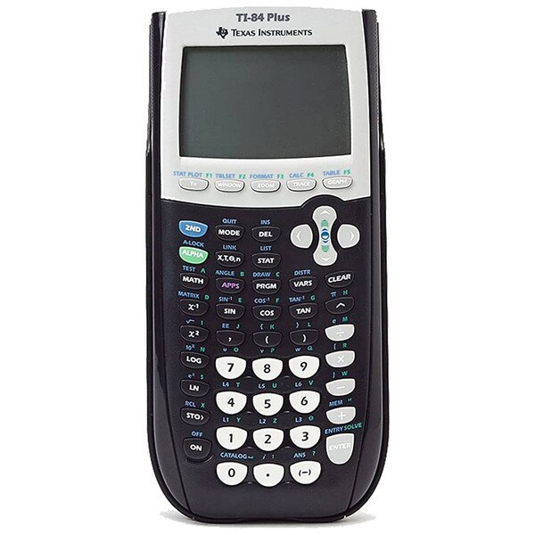 A black Texas Instruments T-I eighty-four plus graphing calculator.
