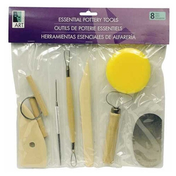 8-piece essential pottery tool set including sponge, loop tools, ribbon tool, and modeling tools in plastic packaging