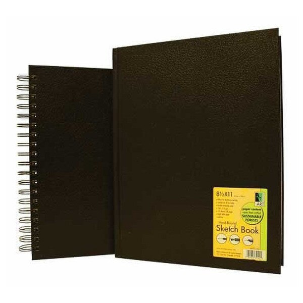 This is a black 8.5 by 11 inch spiral sketchbook with no branding.