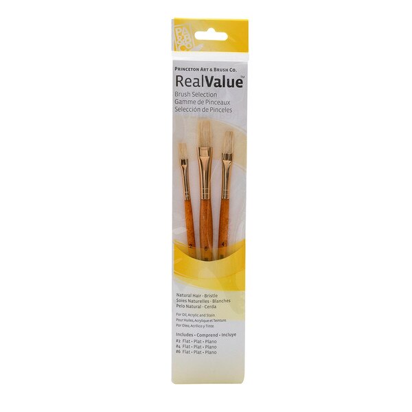 Three flat paintbrushes of varying sizes.
