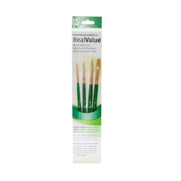 Four paintbrushes of varying sizes with green and gold handles.