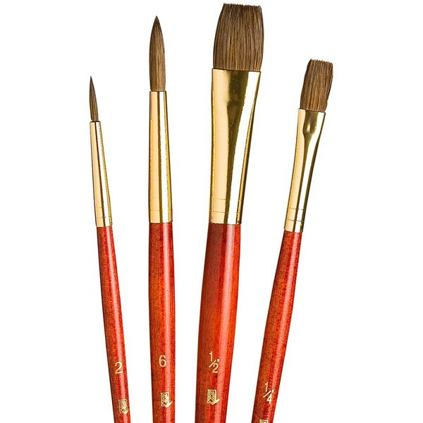 A photo of the 4-pack of paint brushes with wooden handles and gold metal accent tips.