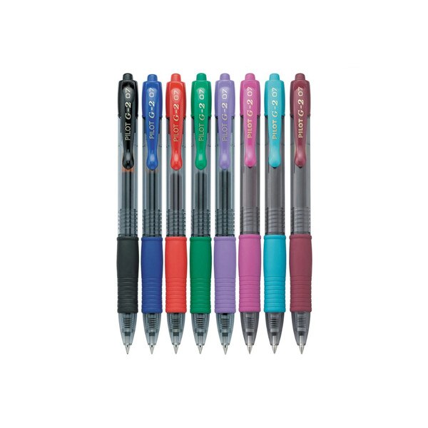 Eight pens in black, blue, red, green, purple, pink, light blue, and brown.