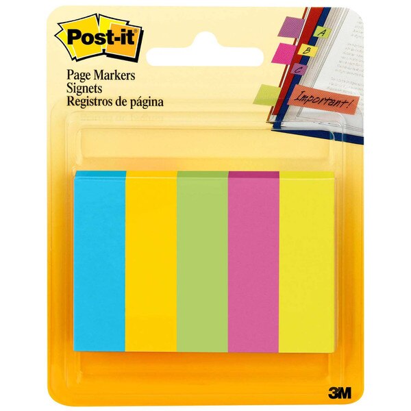 An assorted pack of blue, orange, green, pink, and yellow page markers from Post-it.