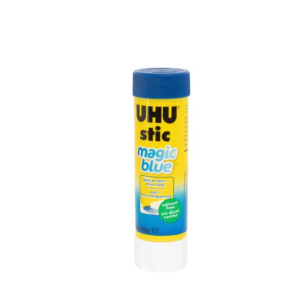 UHU stic Magic Blue glue stick, 1.41 oz, goes on blue and dries clear, solvent-free in a yellow and blue twist-up tube.