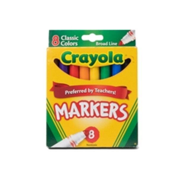 This is a standard pack of Crayola Markers. The included colors are red, orange, yellow, green, blue, purple, black, and brown.