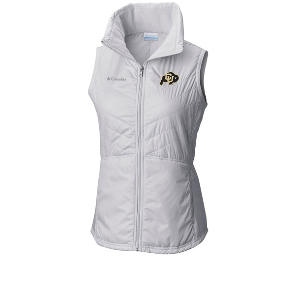 A white full-zip collared vest with two front zippered pockets, adorned with a C-U Buffalo logo on the left chest and a Columbia logo on the right chest.
