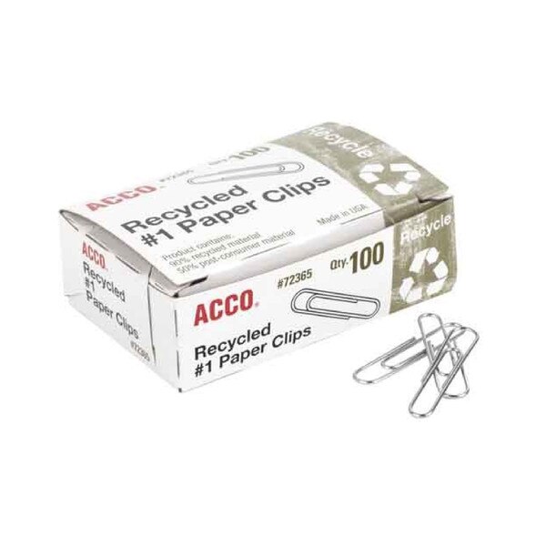 Box of ACCO Recycled #1 Paper Clips with 100 count and a few paper clips displayed outside the box