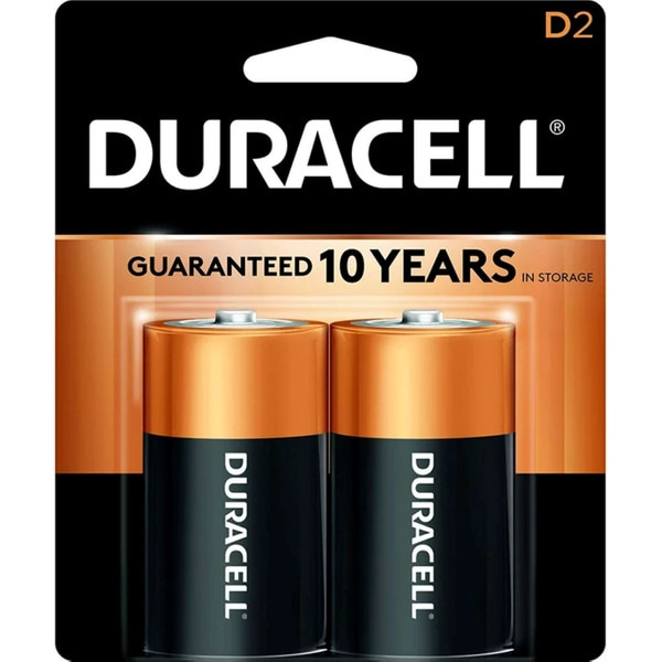 A two pack of D sized Duracell batteries.