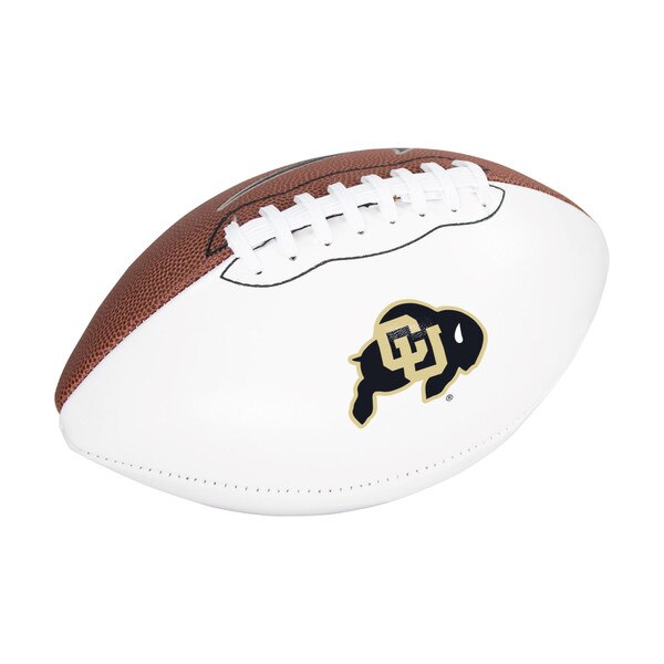 This is a Nike branded football with two white panels for autographs and one typical brown panel. The brown panel has a black nike swoosh and one white panel has a black and gold C.U. buffalo logo.