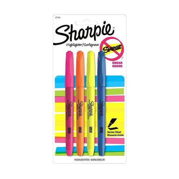 This is a pack of four sharpie highlighters. They're in 4 neon colors: yellow, pink, orange, and blue.
