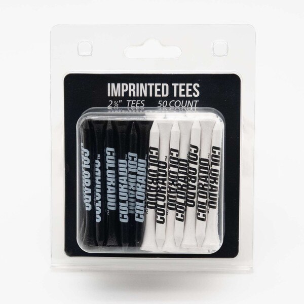 Pack of 50 imprinted 2¾" golf tees in black and white, each with bold “COLORADO” lettering.