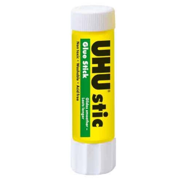 UHU stic glue stick, 0.74 oz, non-toxic and acid-free in a yellow twist-up tube.