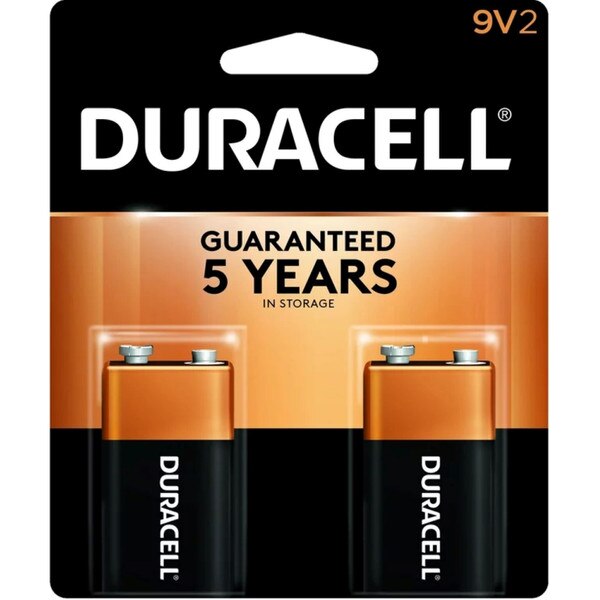 A two pack of 9 volt Duracell batteries.