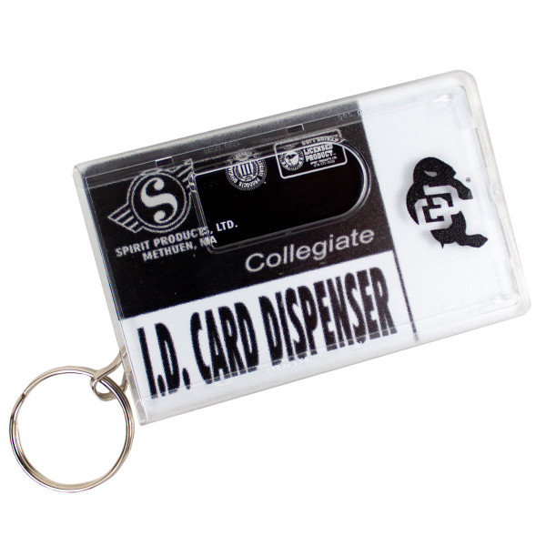 A clear ID card dispenser with a thumb notch for easy removal.