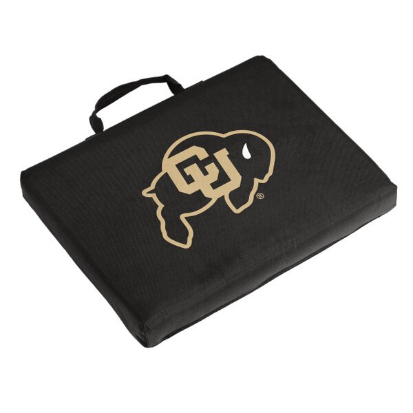 This is a black bleacher cushion seat with the iconic Gold CU Buffalo logo on the front. The handle on the side is black.